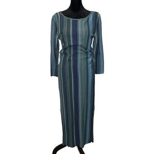 Peruvian Connection Pima Cotton Midi Dress Knit Pencil Striped Blue Green XS